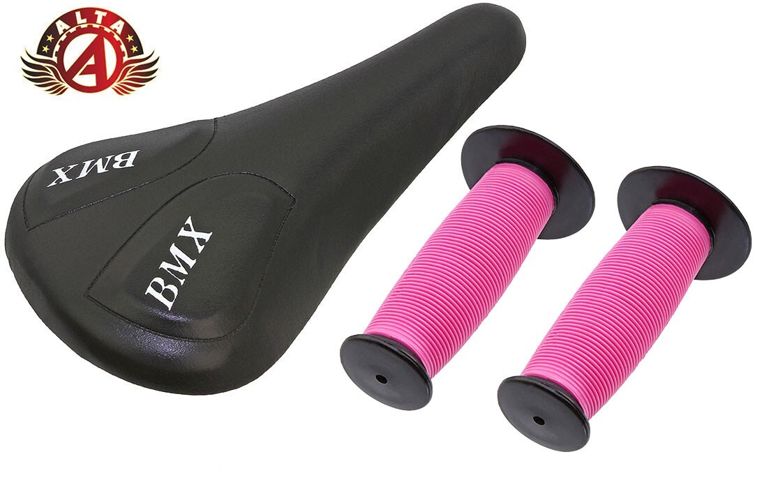 ALTA Black BMX Vinyl Saddle & Pink/White Mushroom Grips BMX BIKES.
