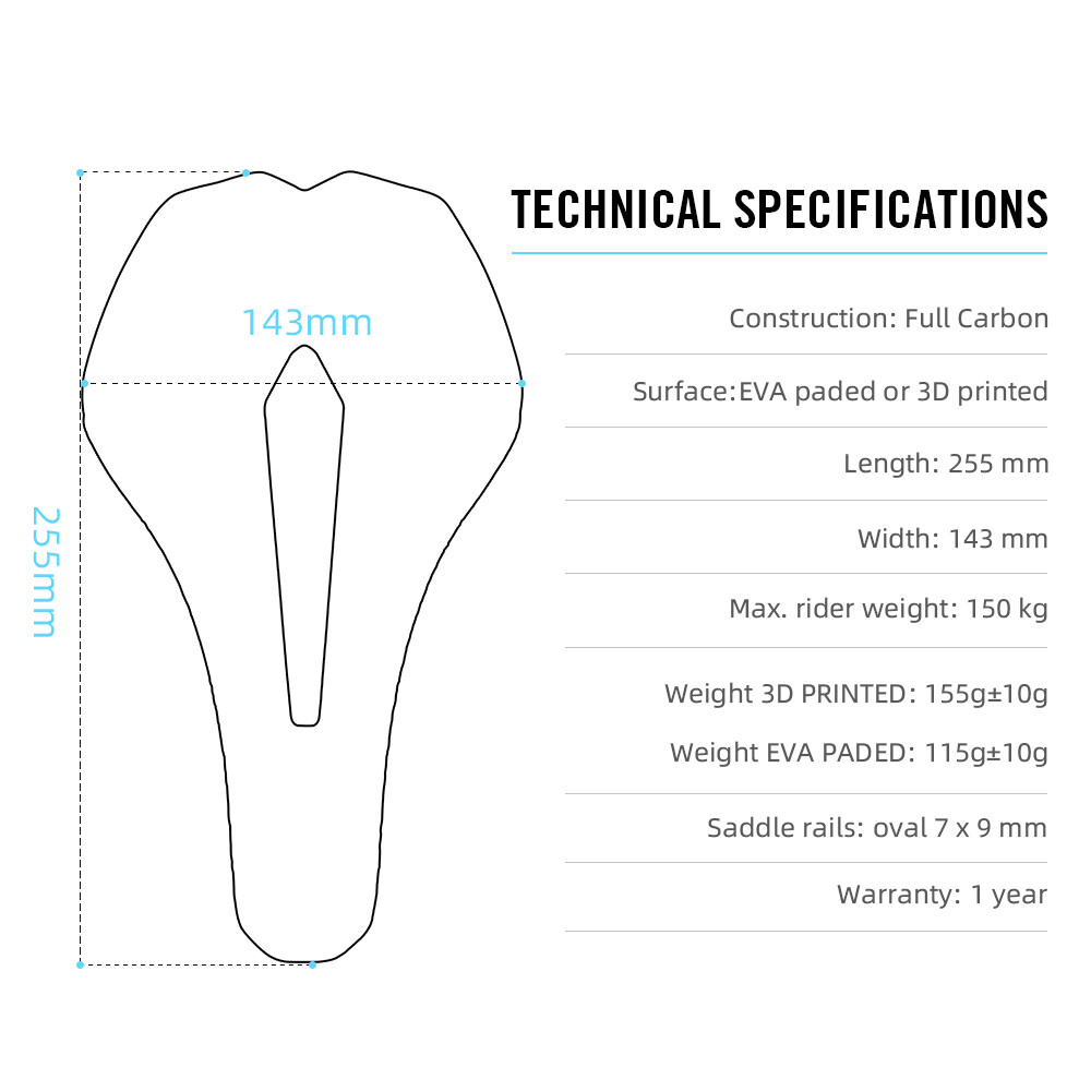 Carbon 3D Printed Bike Saddle 255 x 143 mm EVA Road Mountain Seat Cushion 7x9mm