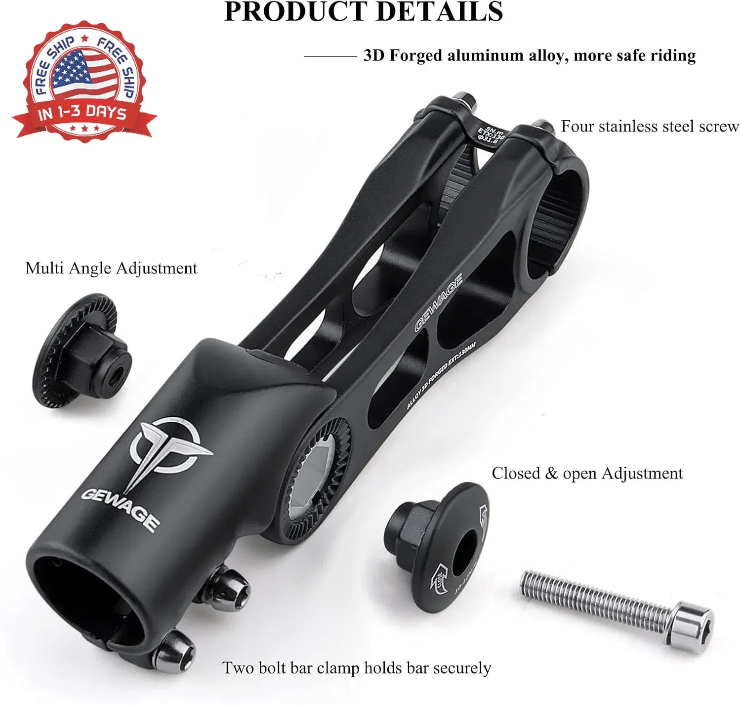 GEWAGE Bike Stem – 130 Degree Adjustable Bicycle Stem- 75mm 90mm 130mm Handlebar
