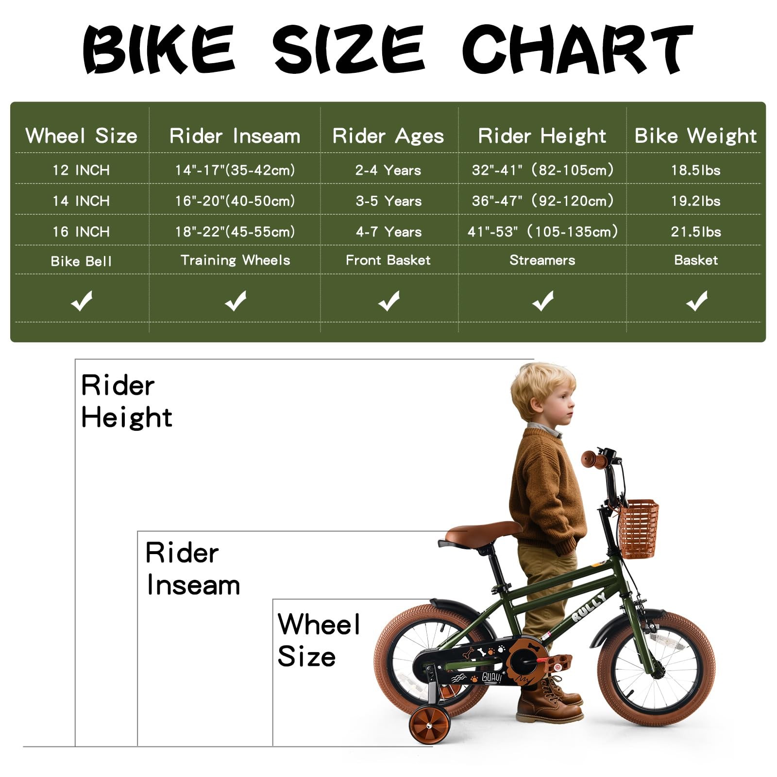 Rully 12 Inch Boys Bike For Kids Ages 2 3 4 Green Toddler Bicycle Training