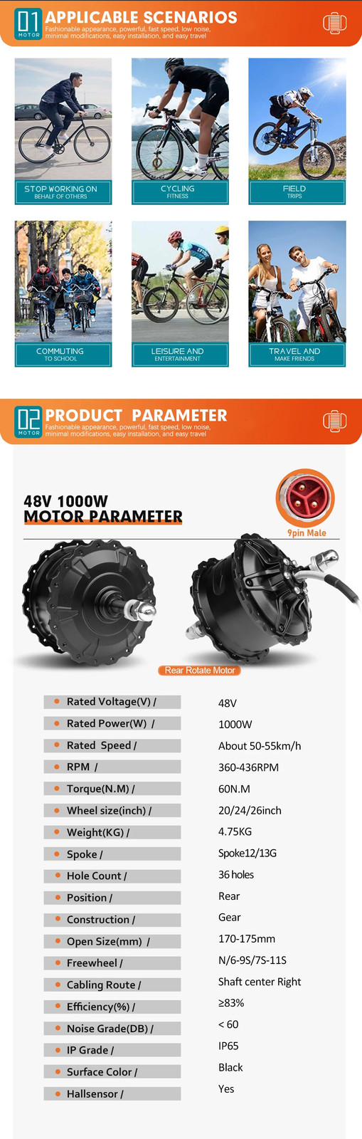 48V 1000W Rear Rotate Hub Motor 170-175mm Dropout 4.0Tyre Snow Fat Tire Ebike