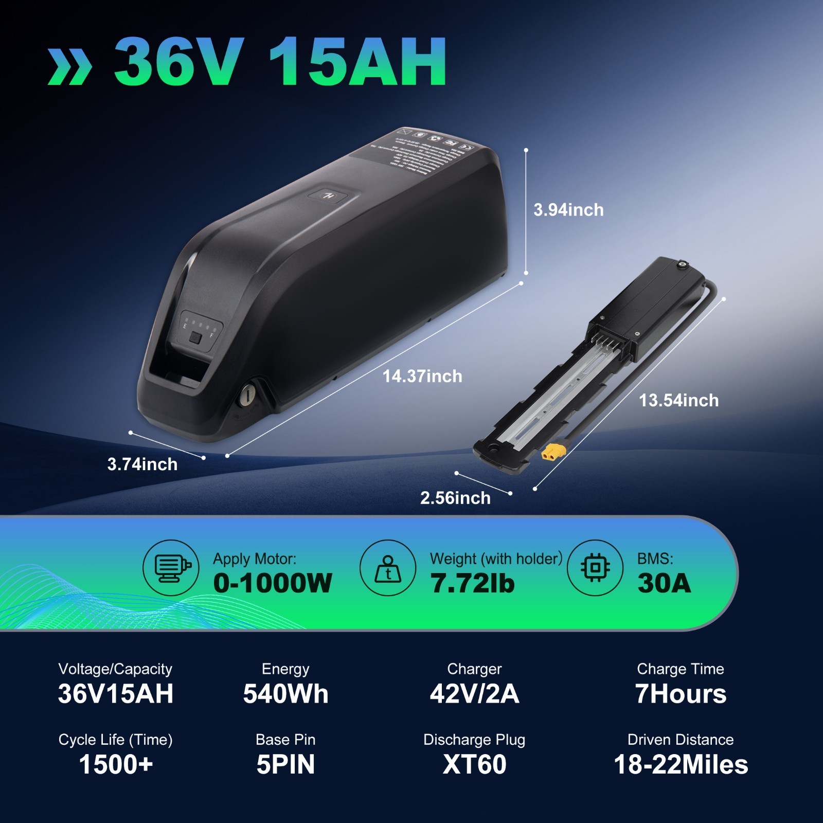 36V Ebike Battery 10Ah/15Ah/20Ah For 0-1200W Electric Bicycle 5Pin w/ USB Port