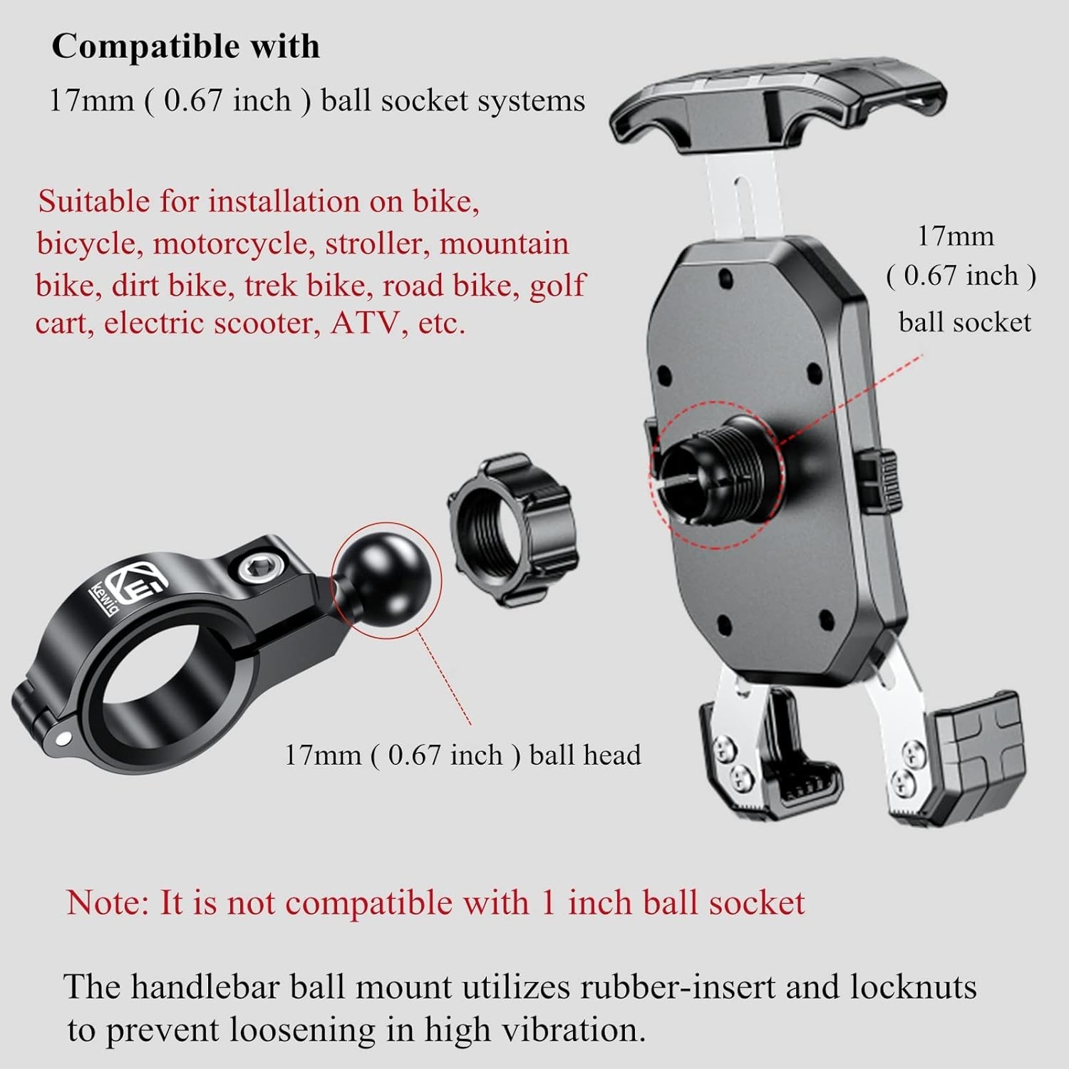 Aluminum Alloy Handlebar Clamp Mount Base with 17Mm TPU Ball for round Rails Dia