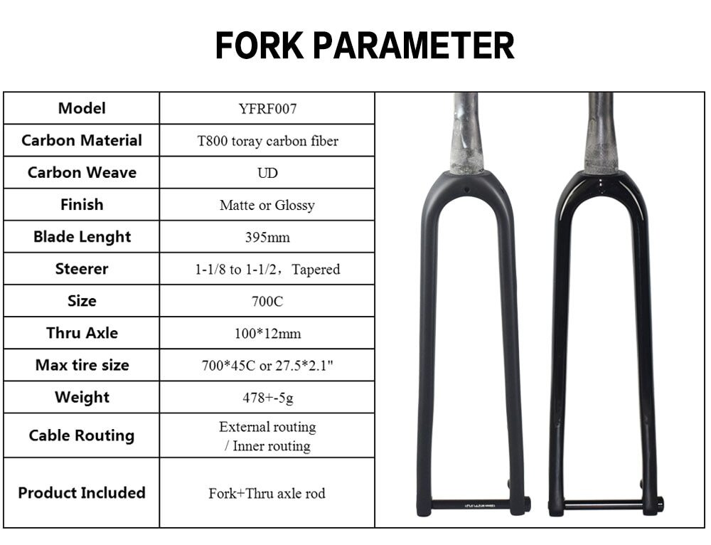 Carbon Gravel bike Rigid Fork Disc Brake 700C Thru Axle 100*12mm Road Bike Fork