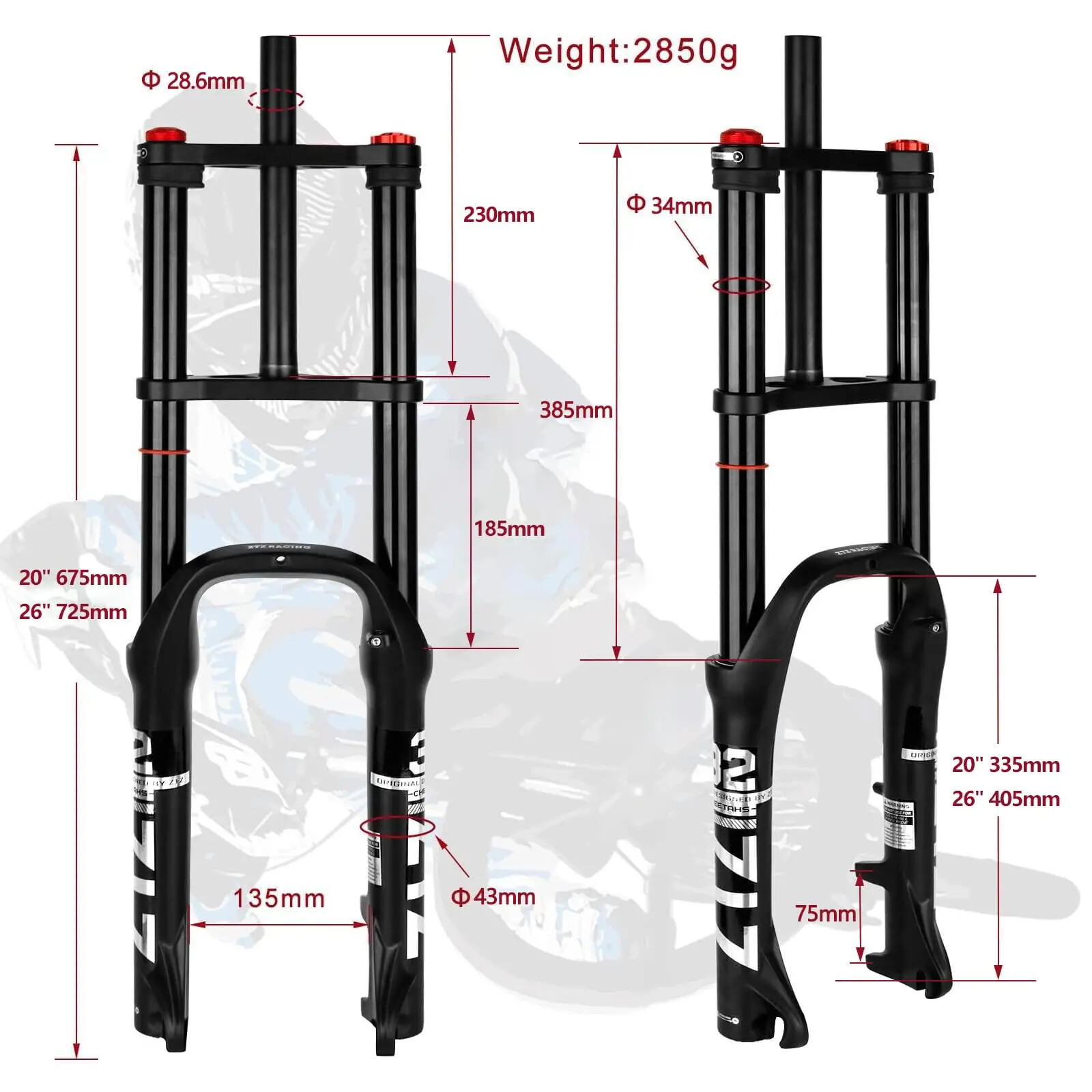26″/20″*4.0 MTB/AM Bike Air Double Shoulder Rappelling Shock Absorber Fork