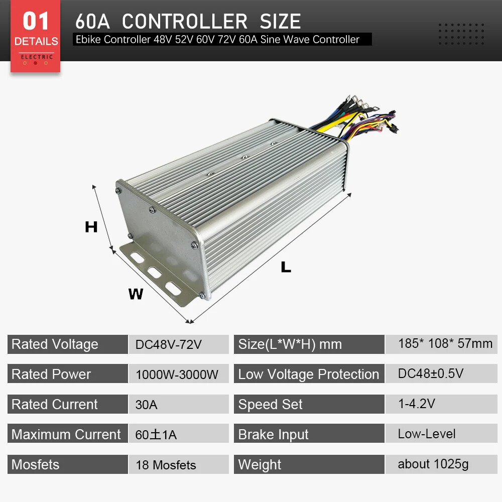 48V 52V 60V 72V 60A Electric Bike Sine Wave Controller for 1000-3000W Motor