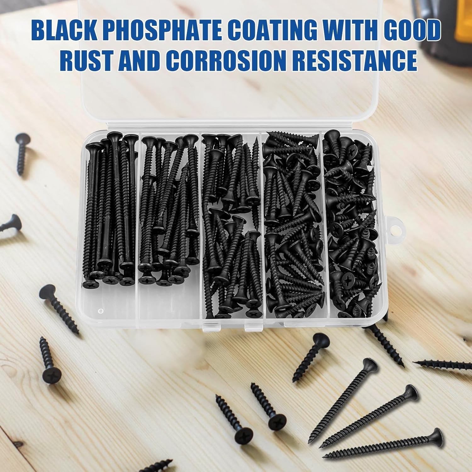 168Pc Black Wood Screws Assortment Kit – #6 Flat Head Self-Tapping Fasteners
