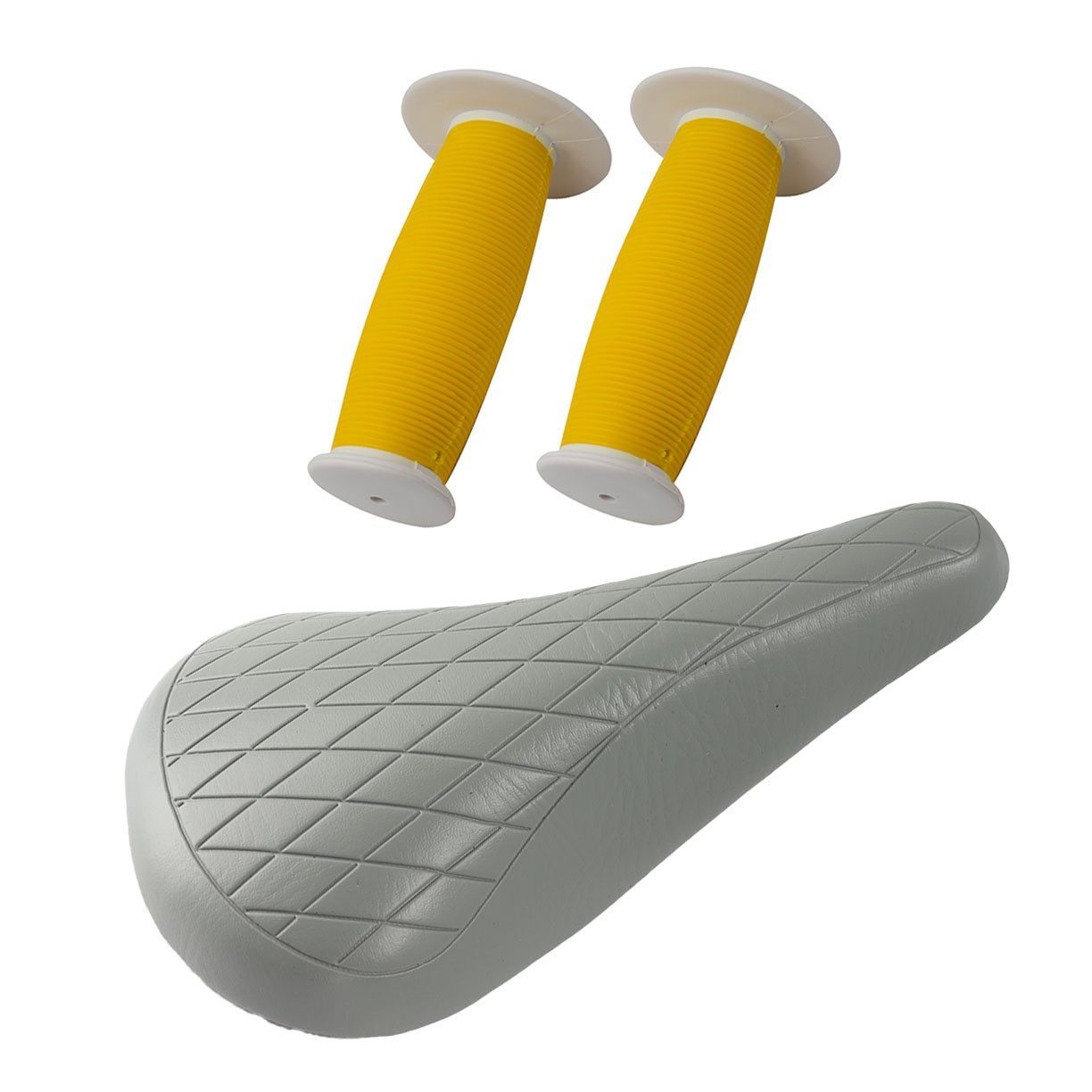 PRO+ Gray Diamond Saddle & Yellow/White Mushroom Grips BMX BIKE