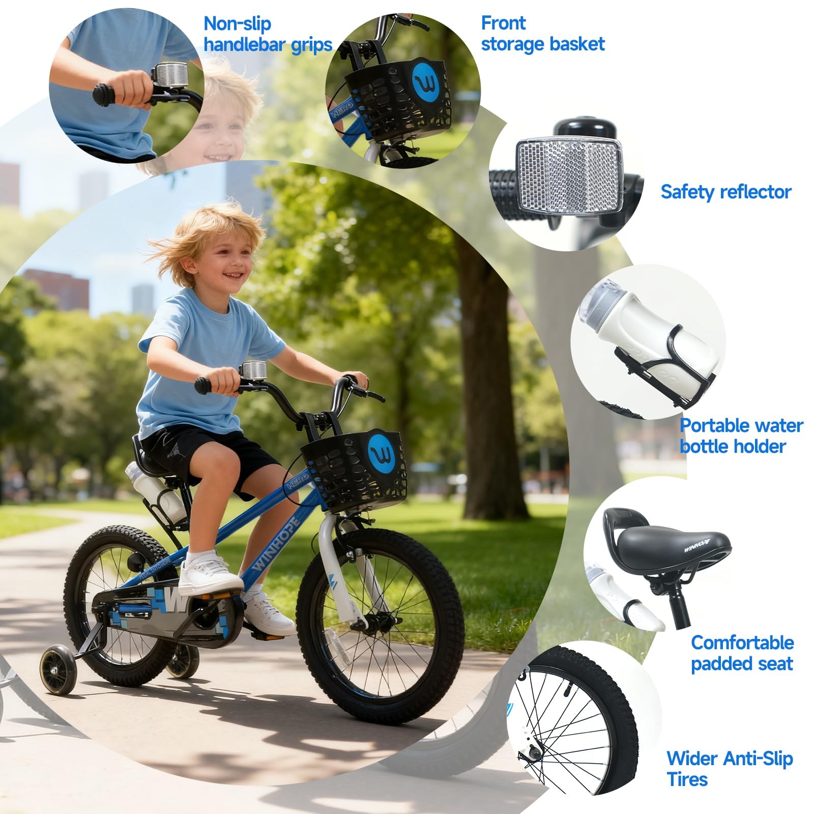 Winhope Kids Bike 12 14 16 18 Inch Children Bicycle Light Up Training Wheels
