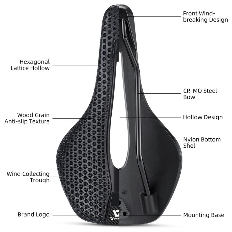 WEST BIKING 3D Printed Nylon Bicycle Saddle Cr-Mo Steel Bow Bike Seat Cushion