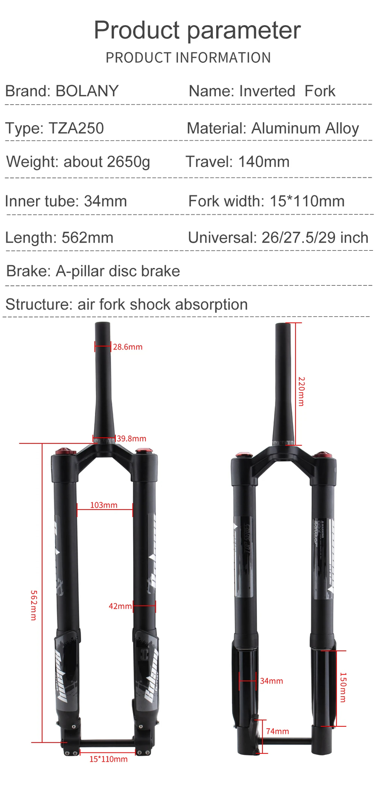 Eectric Bicycle Air Suspension 15*150mm Fork 160MM Thru Axle Inverted Fork