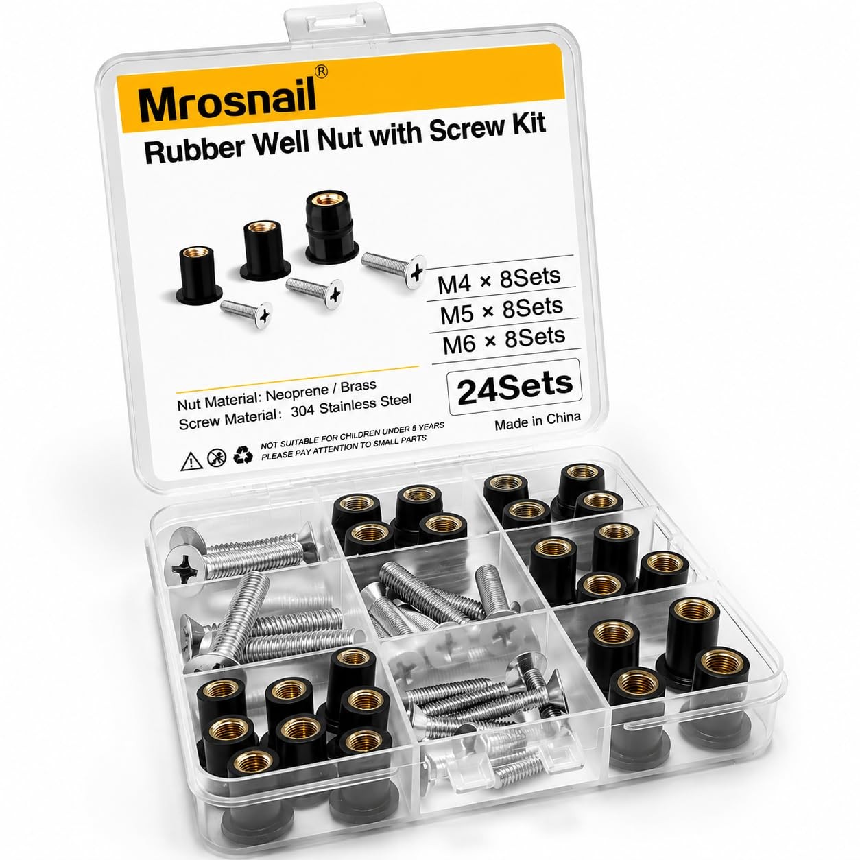 Mrosnail 24Pcs M4 M5 M6 Neoprene Well Nuts Kit with Mix, Black