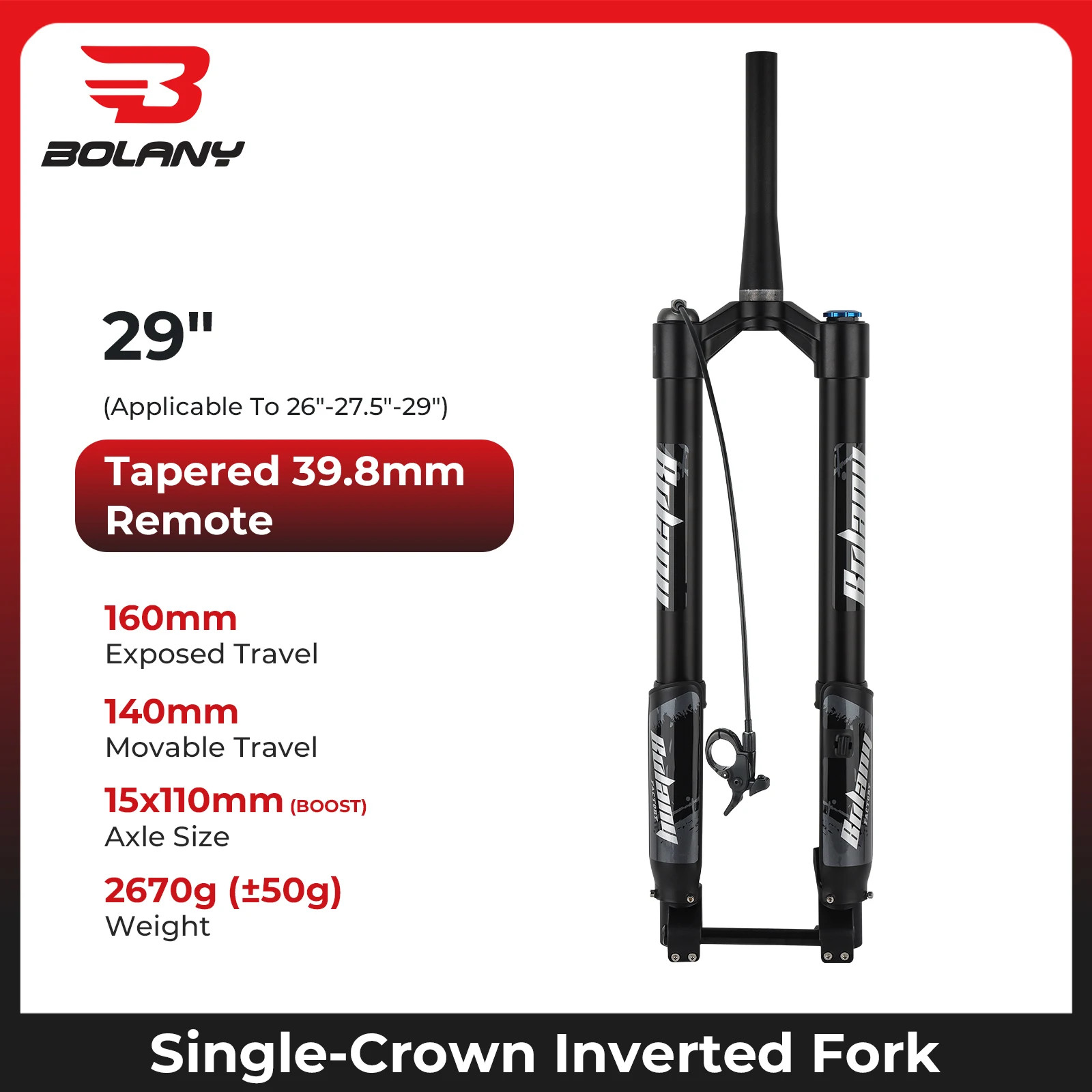 Double Shoulder MTB Inverted Fork 29inch Boost Travel 140mm Adjustable Damping