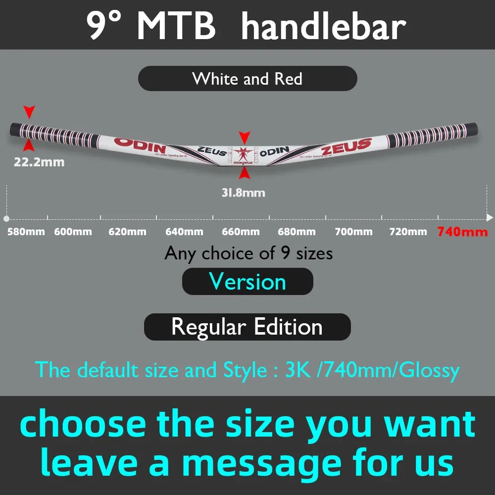 Full Carbon Fiber 9 Degree Mountain Bike Handlebar 31.8mm Clamp 580-800mm