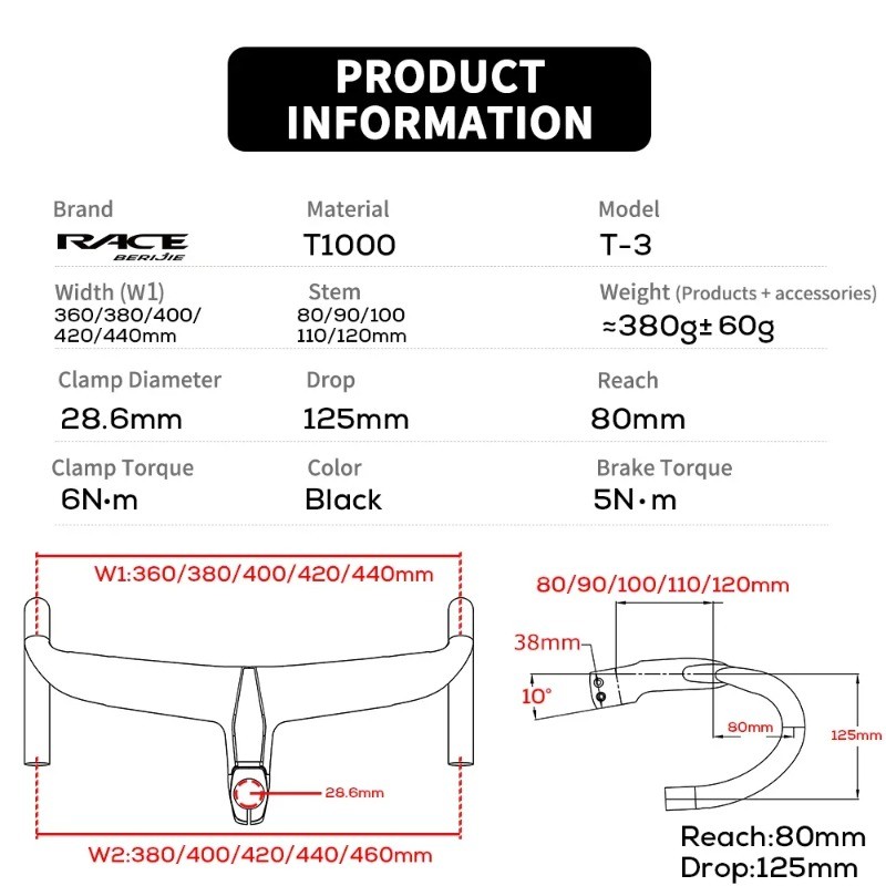 Carbon Road Bike Integrated Drop Bar Reach 80mm 360-440mm Internal Cable