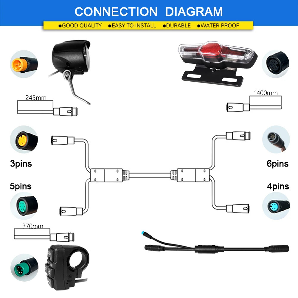 Electric Bike Waterproof Headlight and Rear Light Set 36V/48V DK336 Switch Cable