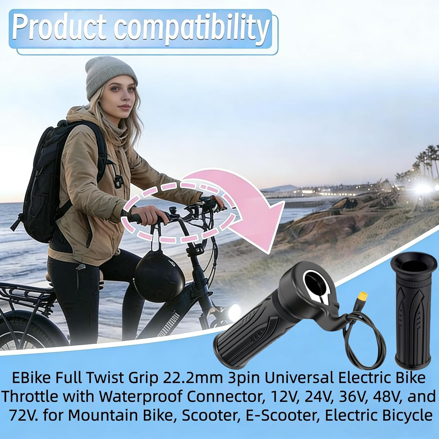 20X Full Twist Throttle Grip, for Ebike 12V-72V, 22.2Mm Handlebar, 3Pin Waterpro