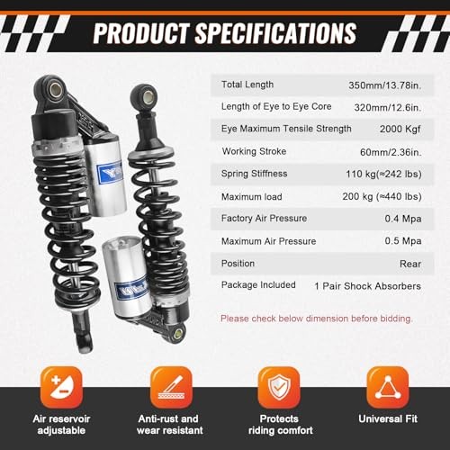12.6″ Universal Motorcycle Rear Air Shock Absorbers Rfy Shocks for 320mm Black