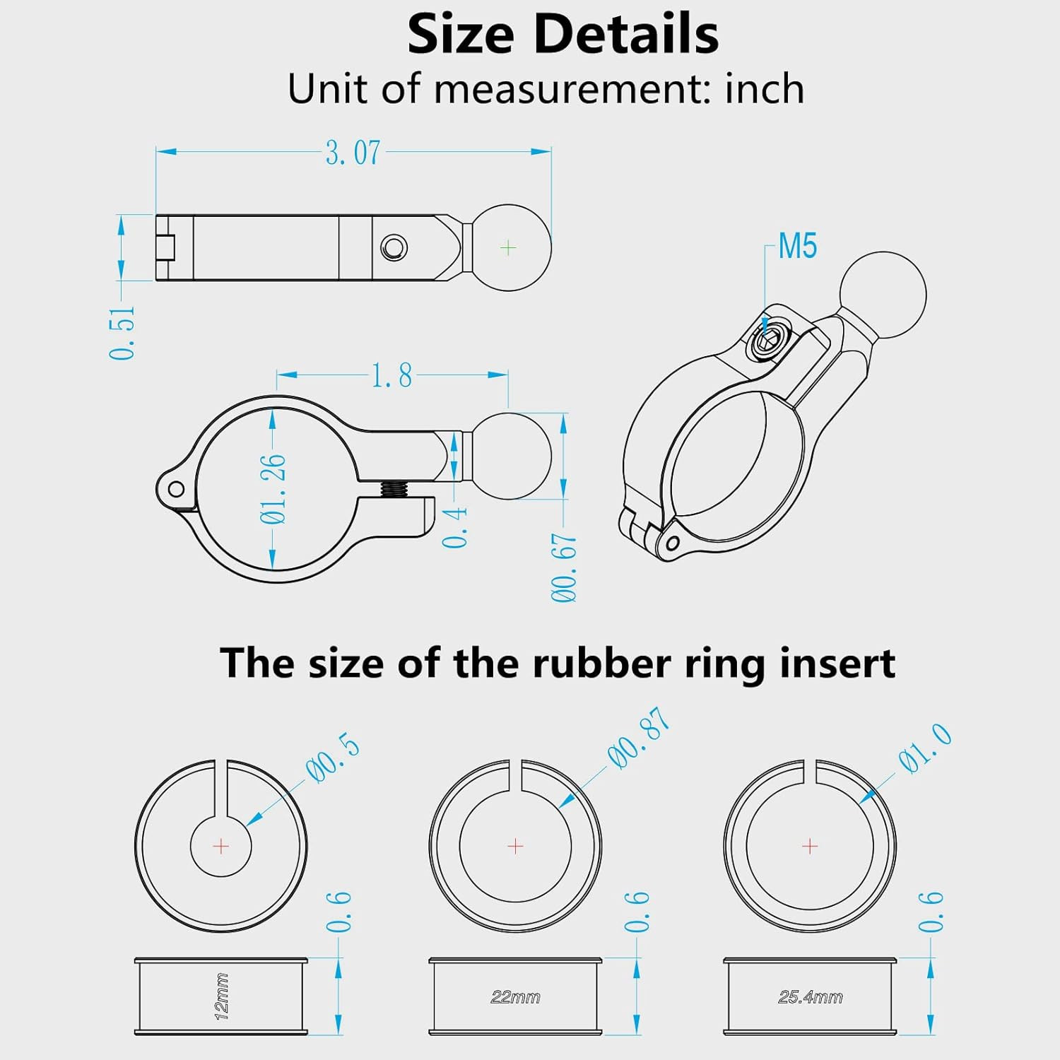 Aluminum Alloy Mount Base with 0.67» TPU Ball | for Handlebar Round