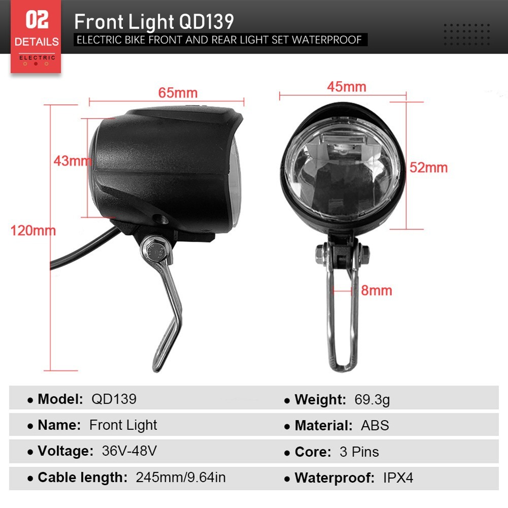 Ebike Waterproof Light Set with Headlight Taillights and Cable Integration