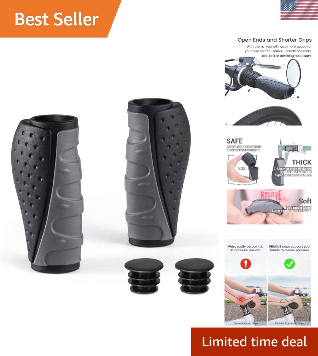 Universal Black & Grey Bike Grips – Comfortable No-Slip Handle for Cyclists