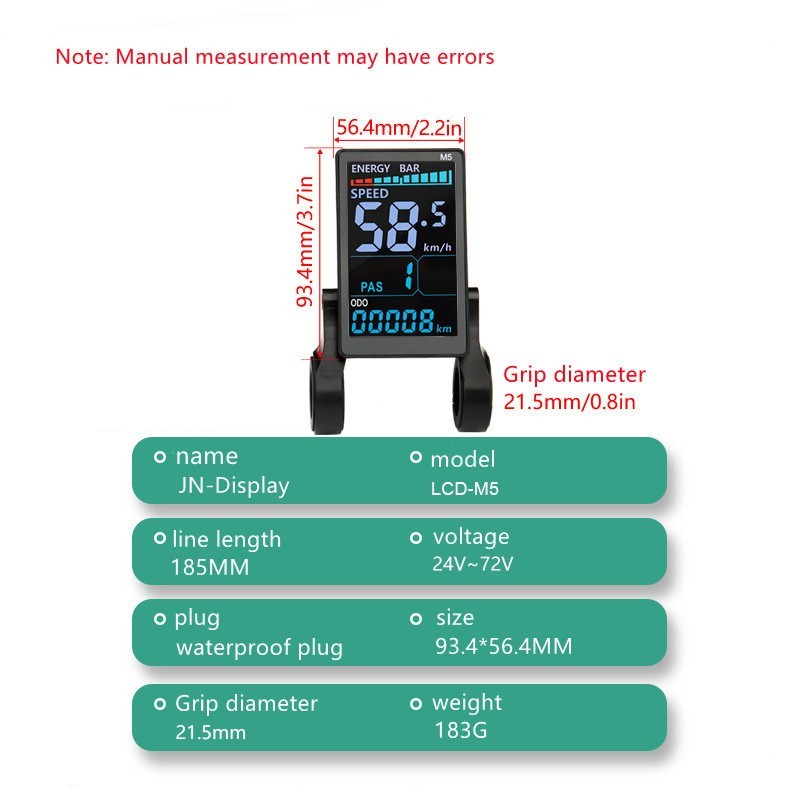 E-Bike Compatible M5 Smart LCD Color Screen with light wire 5PIN WP plug