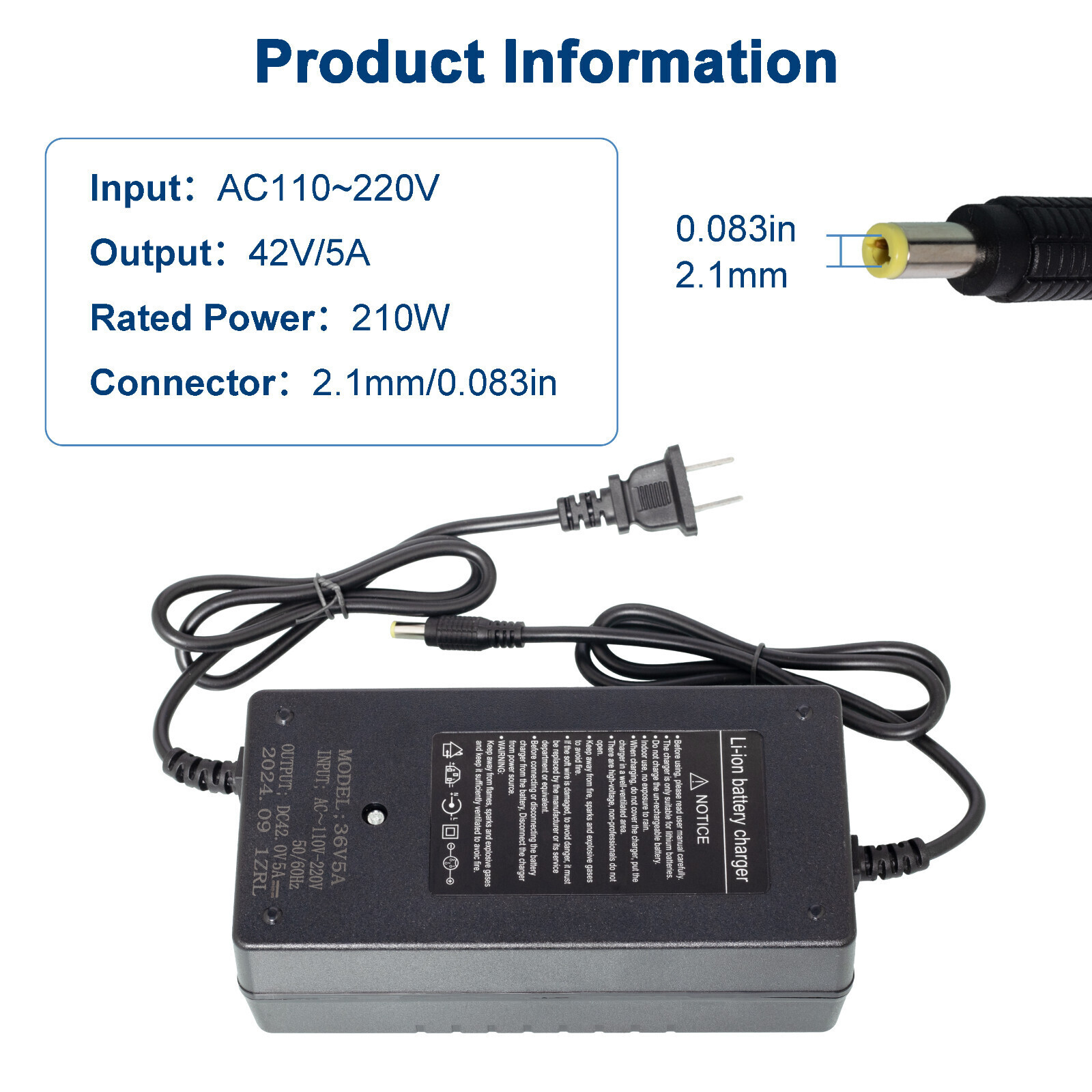 42V 5A Fast Charge Charger Power DC2.1 5.5×2.1mm for 36V Li-ion Lithium Battery