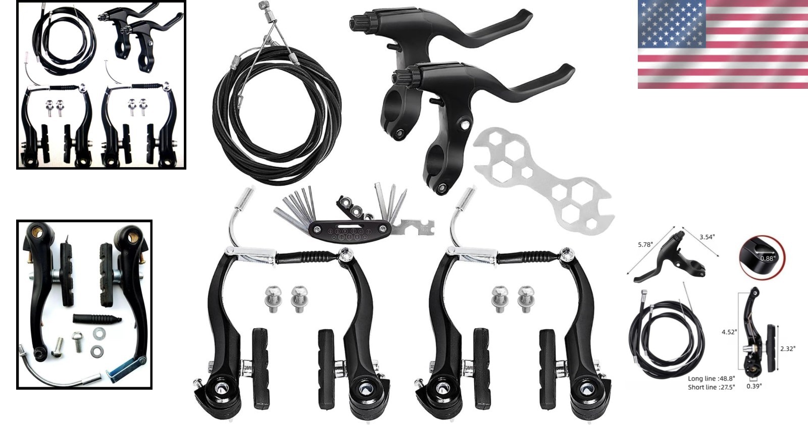 Bike Brake Set Aluminum Alloy V-Type Front and Rear Cables Levers for Most Bikes