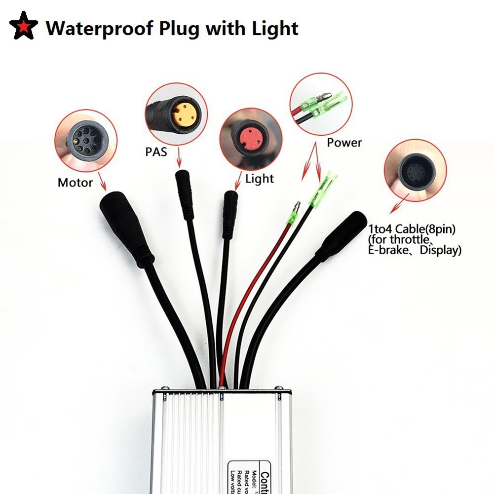 36/48V KT15A Ebike Waterproof Controller With Lightline For 250W Brushless Motor