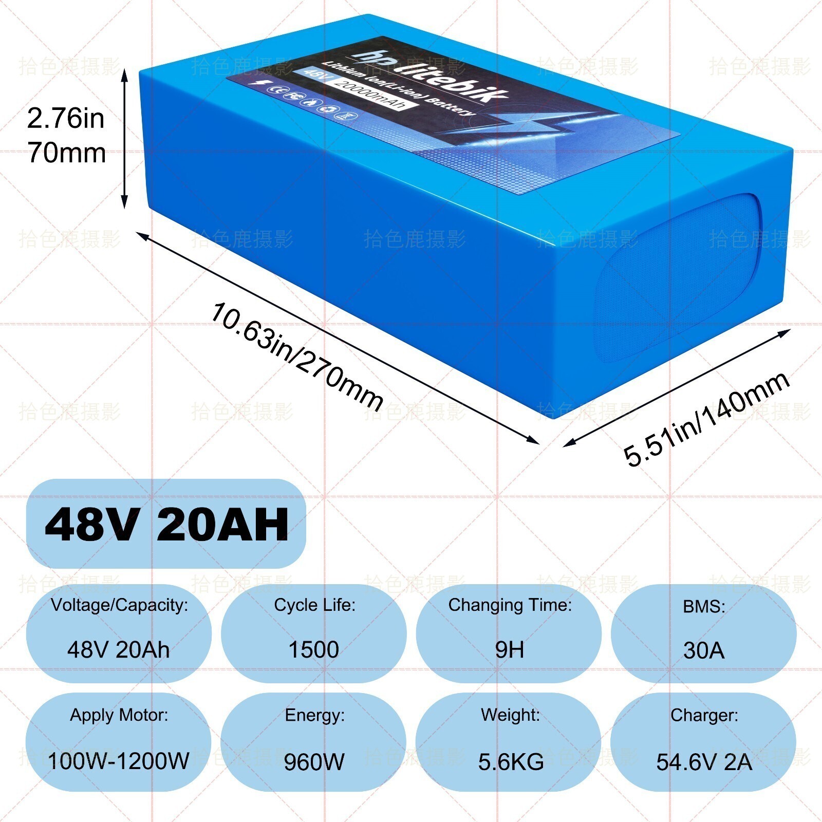 48V 20Ah Lithium Battery w/30A BMS for ≤1500W Ebike Electric Bicycle Bike Motor
