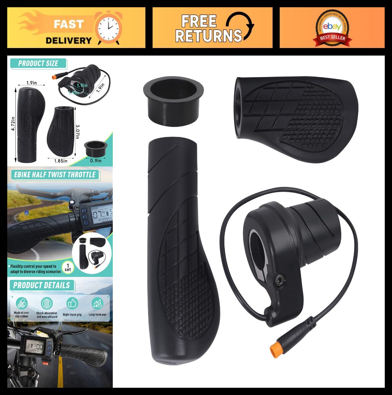 Half Twist Throttle for Ebike – Waterproof Plug, Thumb Accelerator 12V-72V MTB