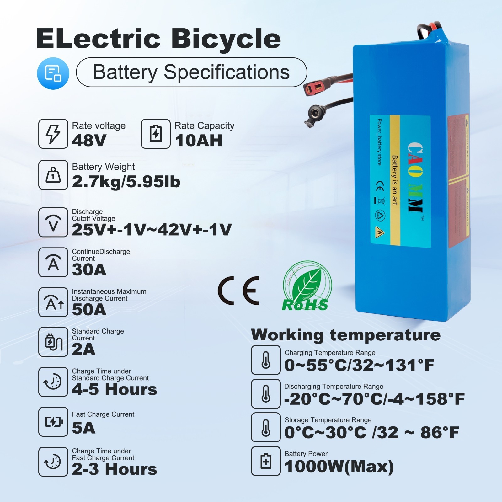 48V 10AH Ebike Lithium Battery for Electric Bicycle 100W-1000W Motor W/ 30A BMS