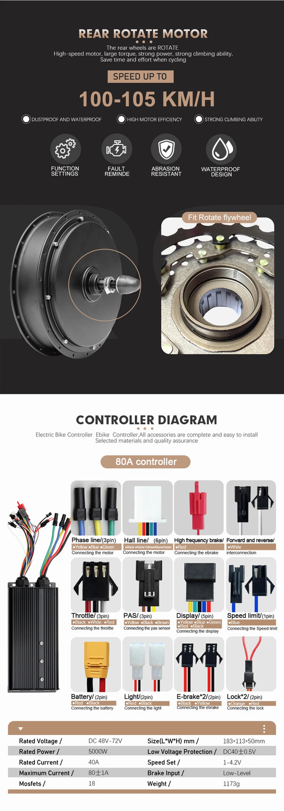 MTX Ebike Kit 72V 3000W 105kmh Max Speed 20-29inch Brushless Rear Hub Motor