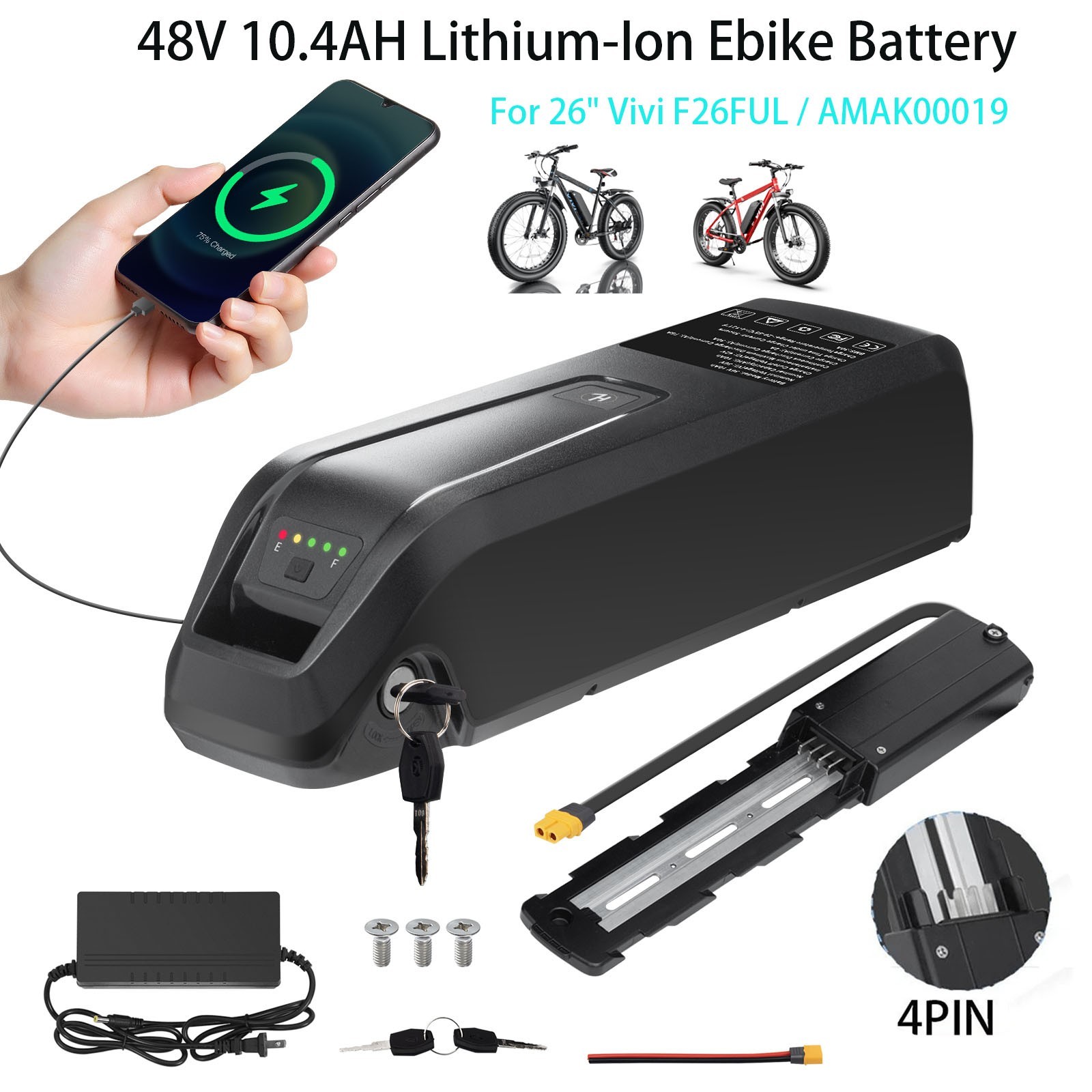 48V 10.4AH Lithium-Ion Ebike Battery For 26″ Vivi F26FUL AMAK00019 Electric Bike
