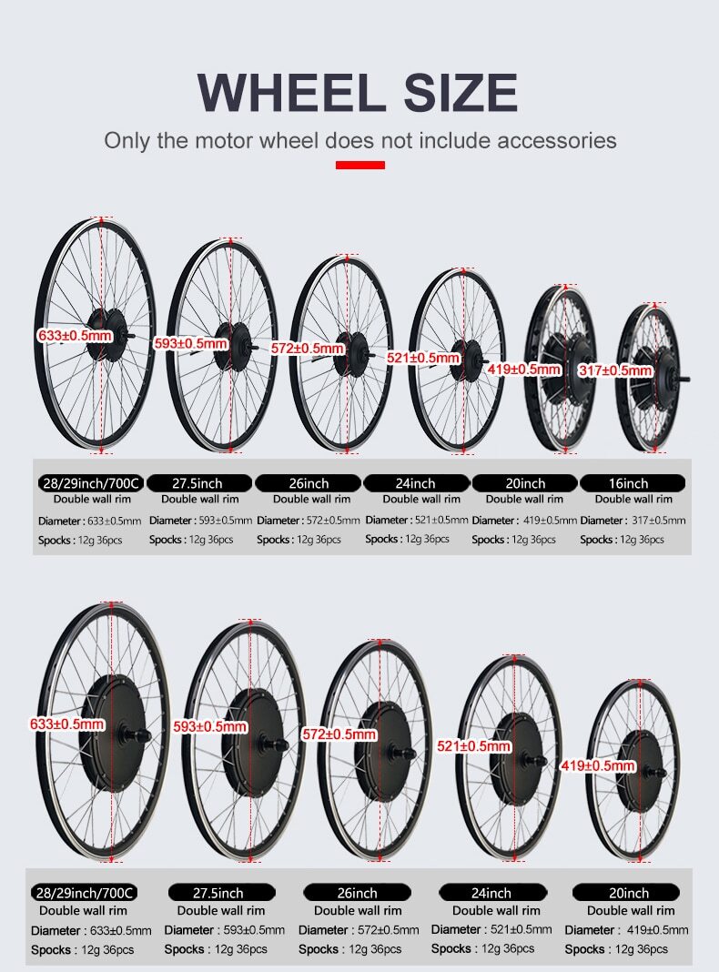 250W-2000W E-bike Conversion Kit 20-29inch/700C Front/Rear Only Motor Wheel