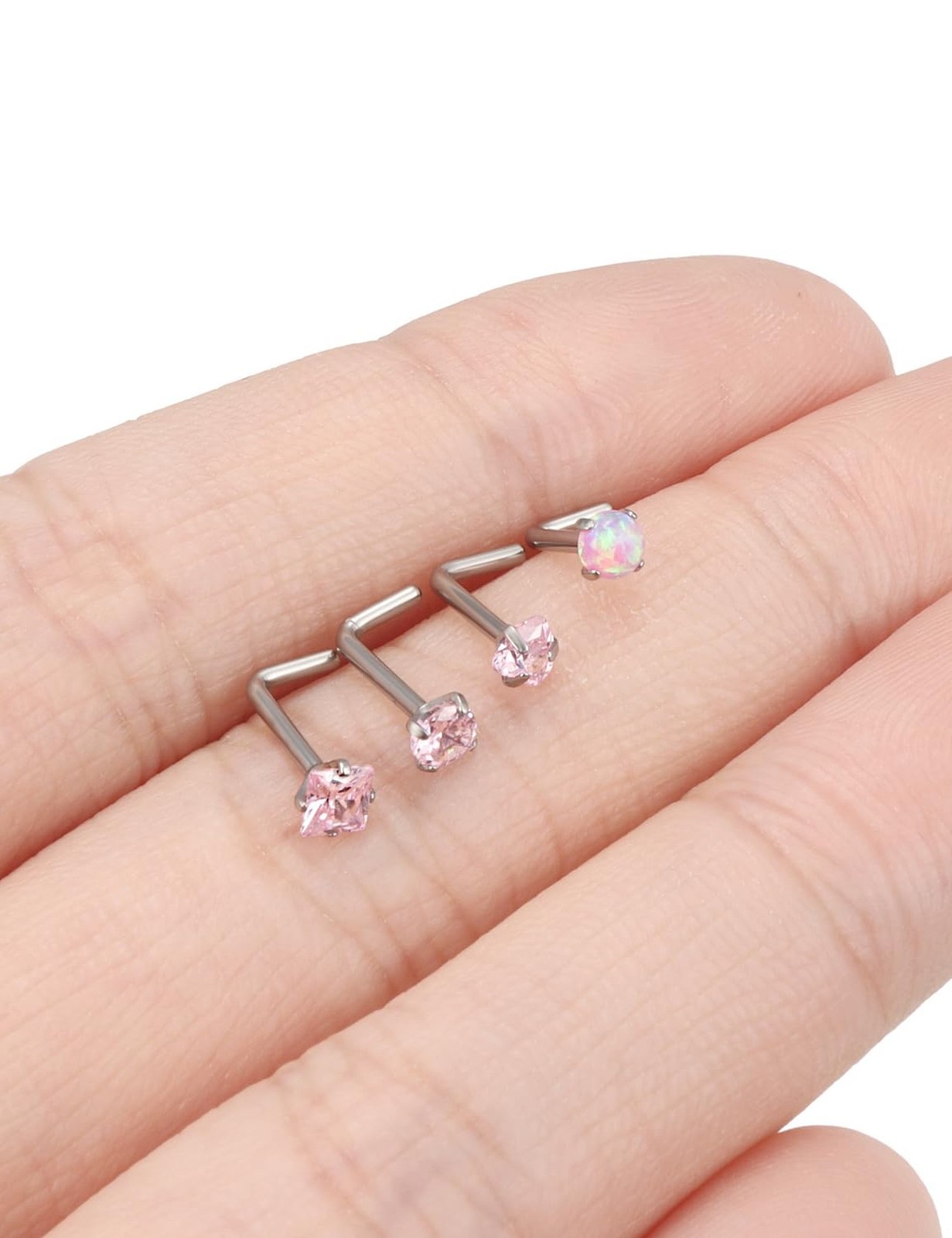 F136 Titanium 20/18g L Shaped Pink/Blue Diamond Nose Ring Studs Earrings Pier…