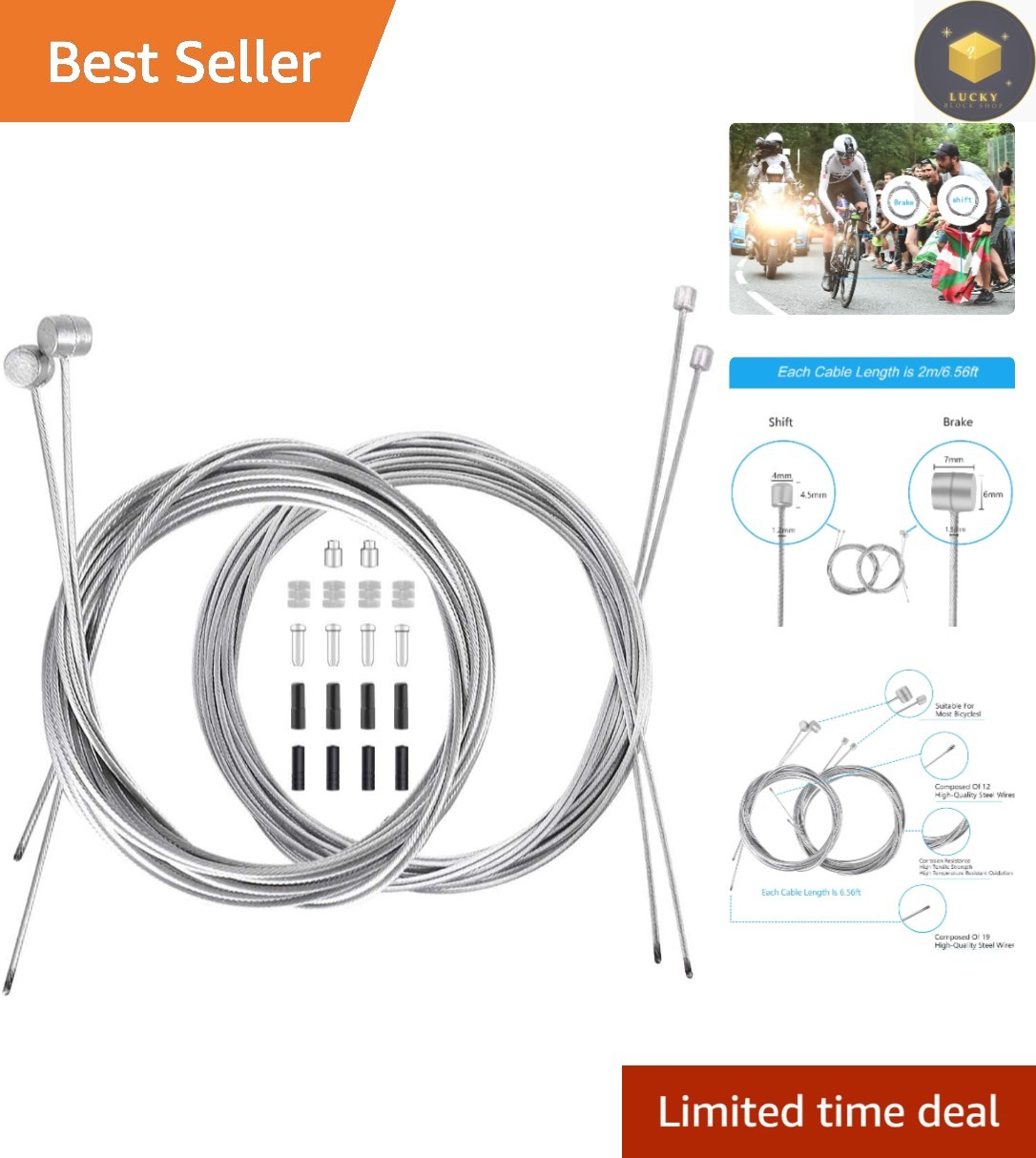 Durable Stainless Steel Bike Brake & Shift Cables – 2000mm Length, 18 PCS Set