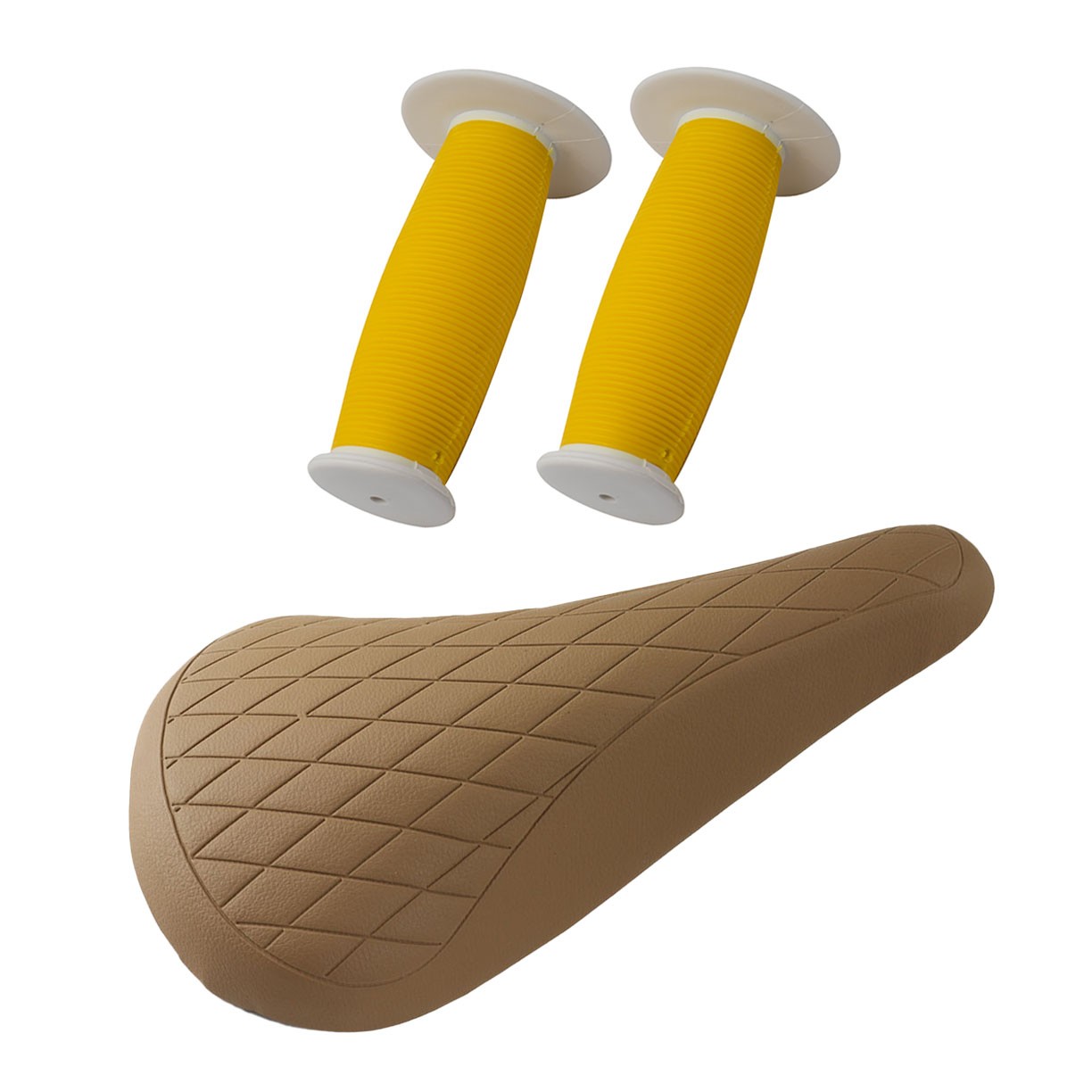 PRO+ Brown Diamond Saddle & Yellow/White Mushroom Grips BMX BIKE