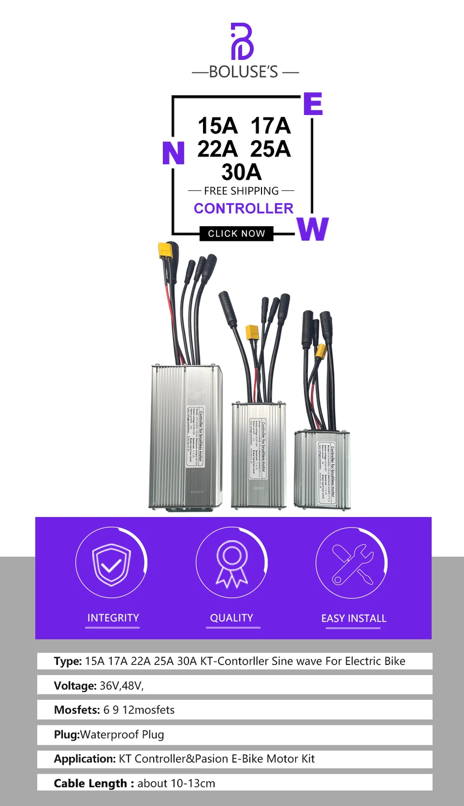 Sinewave Controller 250W500W 750W 1000W Brushless Controller All Waterproof Plug
