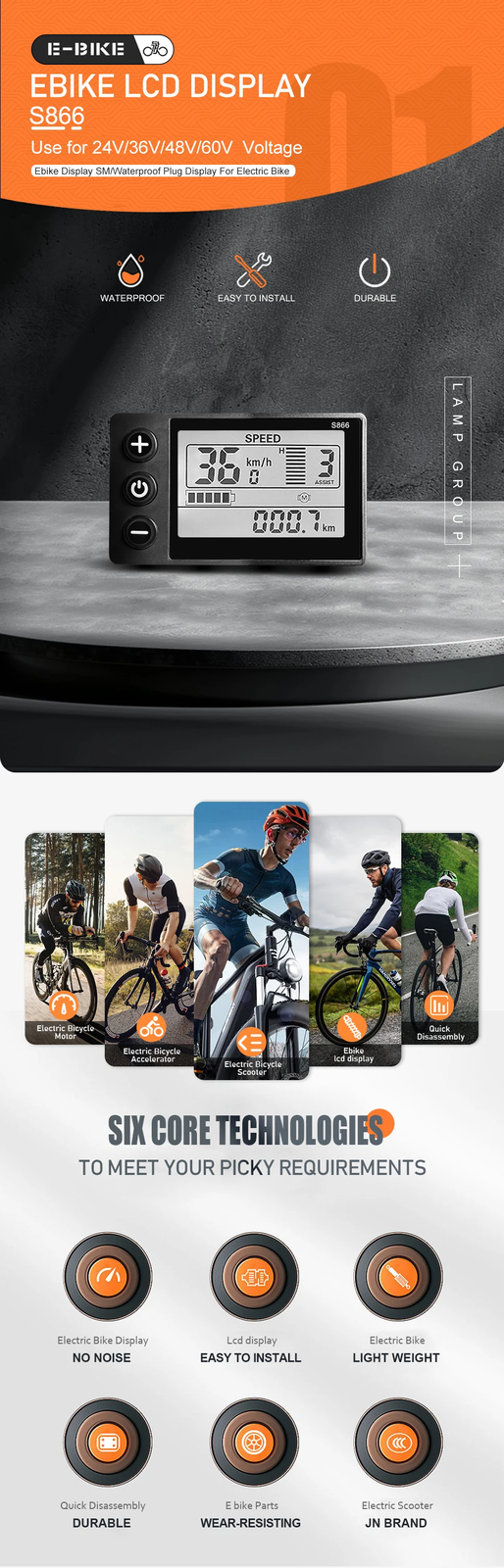 Electric Bicycle JN LCD S866 Display 24V36V48V52V60V with 5pin SM/WP Plug