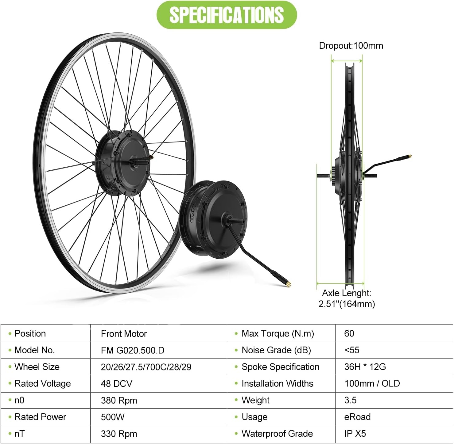 BAFANG 48V500W Electric Bike Conversion Kit 26″700C Front Wheel E-Bike Hub Motor