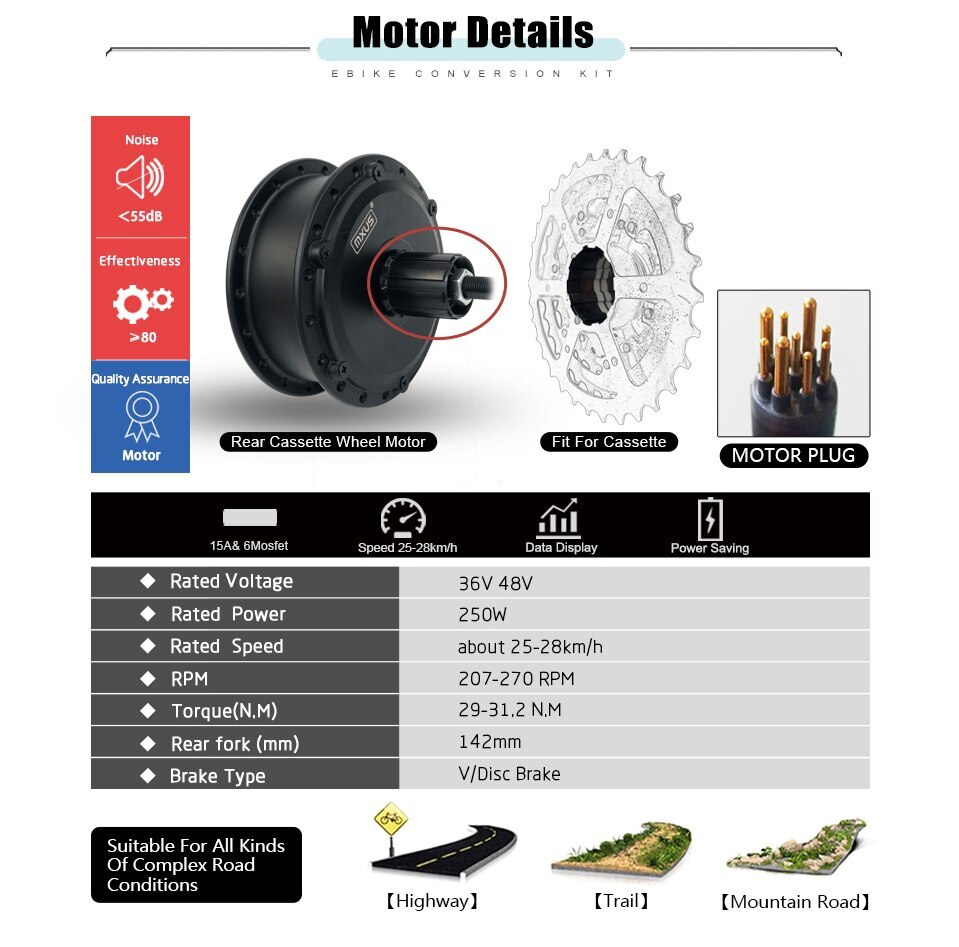E-Bike Conversion Kit 36V 48V 250W Hub Motor Waterproof Plug LED LCD Display