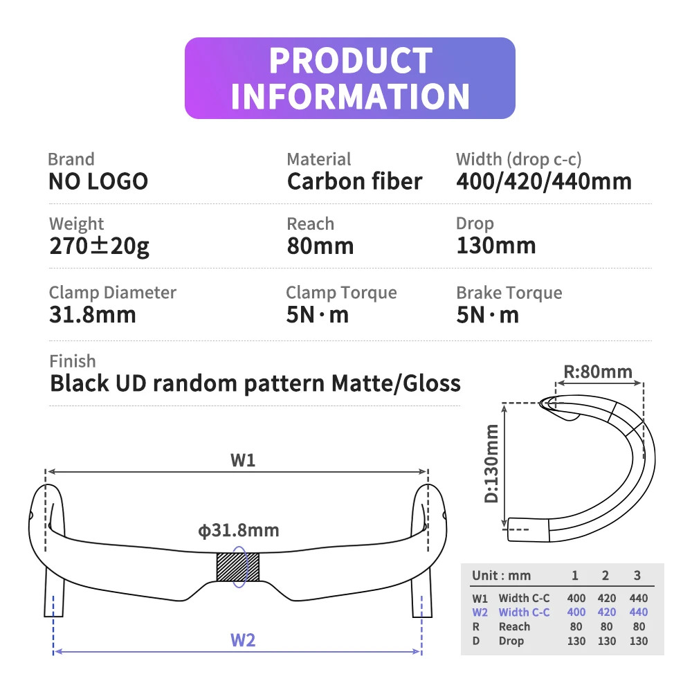 Road Bike Carbon Handlebars 31.8mm 400/420/440mm Width Ud Matte Glossy Drop Bar