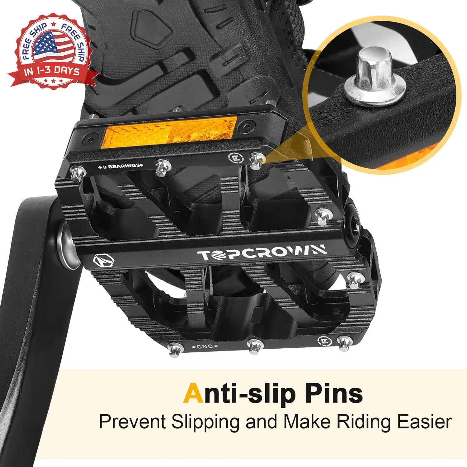 Topcrown Mountain Bike Pedals with Reflectors, Aluminum Metal Bicycle Flat Pedal