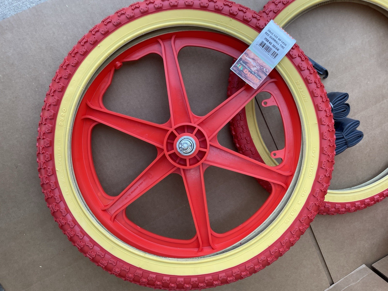 20″ Bicycle Plastic RED 6-spoke Mag Wheels and Red Gum Wall Tire Set GT Rims BMX