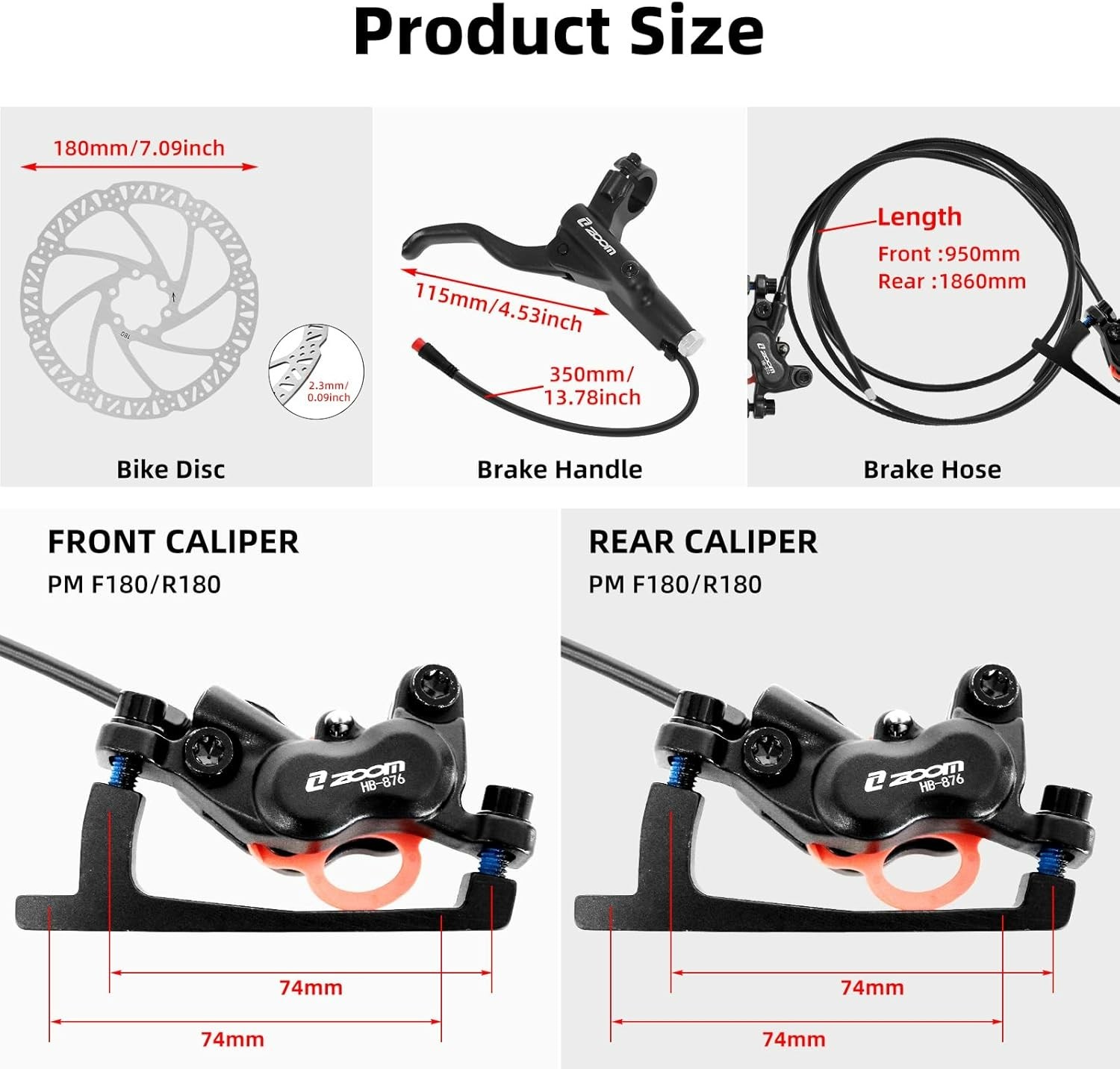 Z00M HB876E 2-PIN 4-Pistons E-Bike Electric Power-Off Hydraulic Brake Set