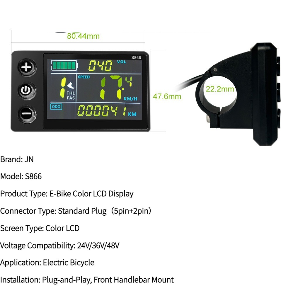 S866 E-Bike Color LCD Display 24V-48V SM/Waterproof Plug Essential Bicycle Part.