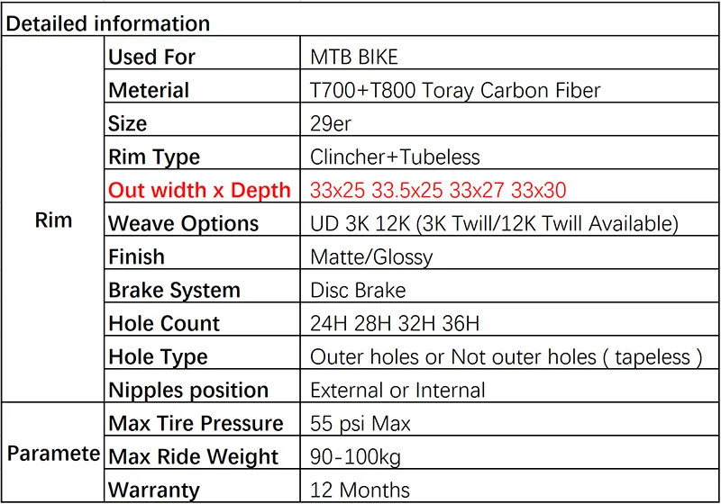 Carbon MTB XC AM Bicycle Rim 29er 25/27/30*33mm UD Matte Glossy Tubeless Ring