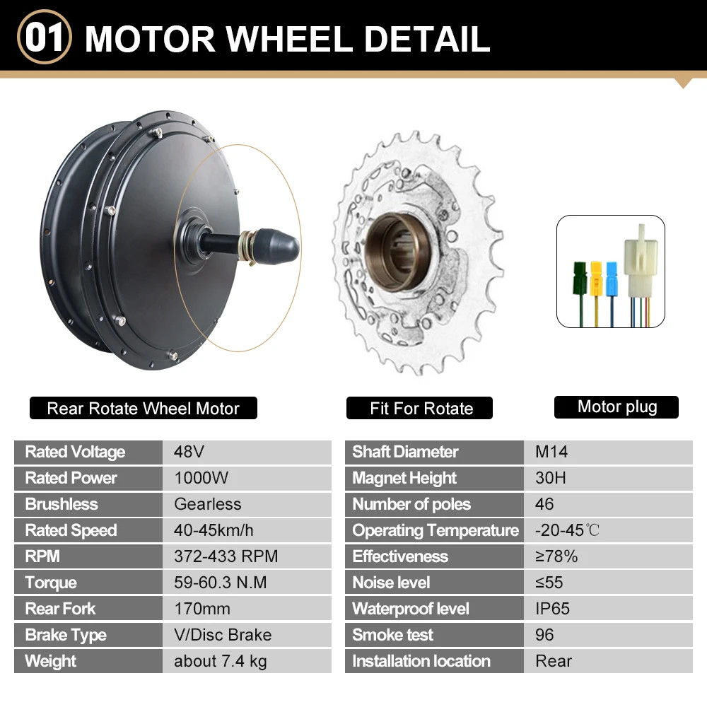 48V 1000W E-bike Conversion Kit 20/24/26 Inch Rear Rotate Wheel Drive Hub Motor