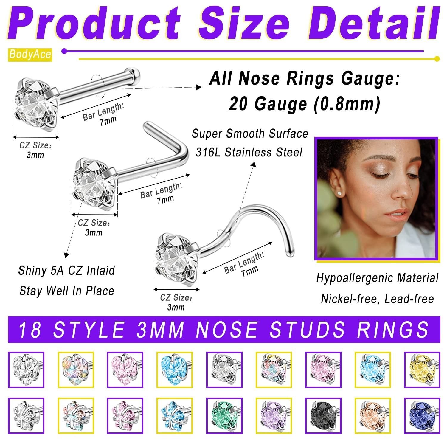 18pcs Stainless Steel Nose Studs Rings, 20 Gauge L Shaped stud Nose Rings for…